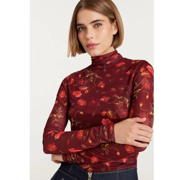 Cinq a Sept Falling Poppies Shirred Mesh Turtleneck Rhubarb Multi XS NEW NWOT - Picture 1 of 8